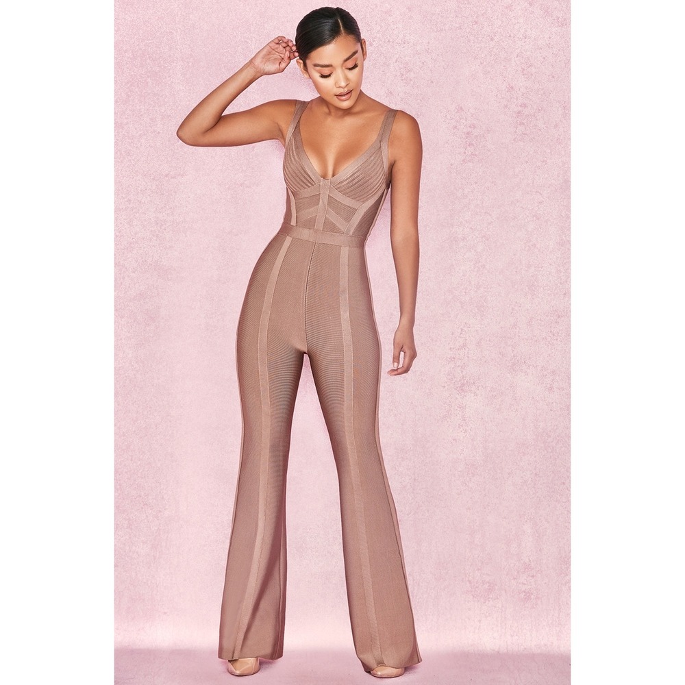 Herve Leger BCBG Jumpsuit Women Size S Tan Bandage Sleeveless Flare Leg Bodycon